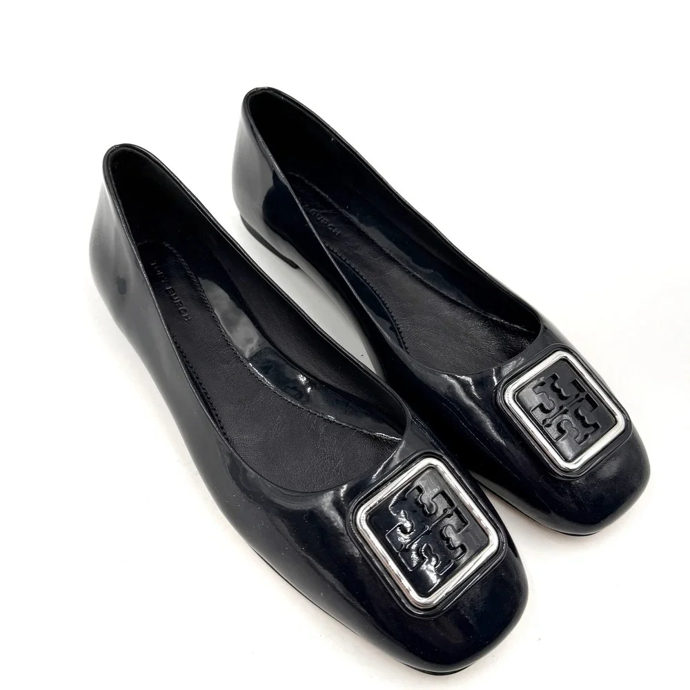 Tory Burch Georgia Ballet Flats Patent Leather Square Toe Logo Black Womens Sz 8